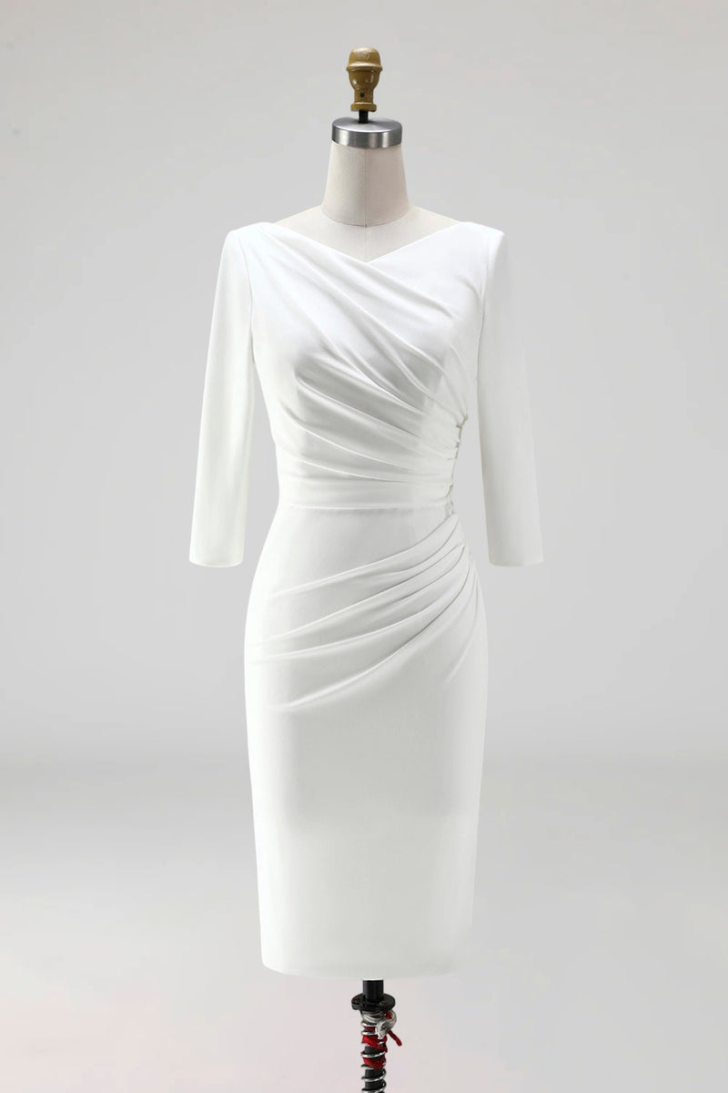 Load image into Gallery viewer, Simple Ivory Ruched Pencil Half Sleeves Midi Work Dress with Slit