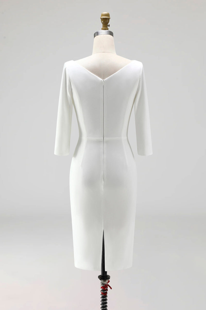 Load image into Gallery viewer, Simple Ivory Ruched Pencil Half Sleeves Midi Work Dress with Slit