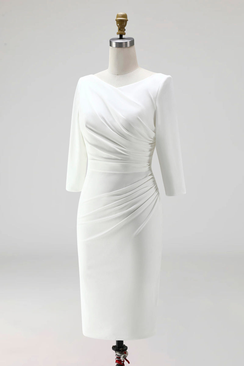 Load image into Gallery viewer, Plus Size Simple Ivory Pencil Ruched Half Sleeves Midi Work Dress with Slit