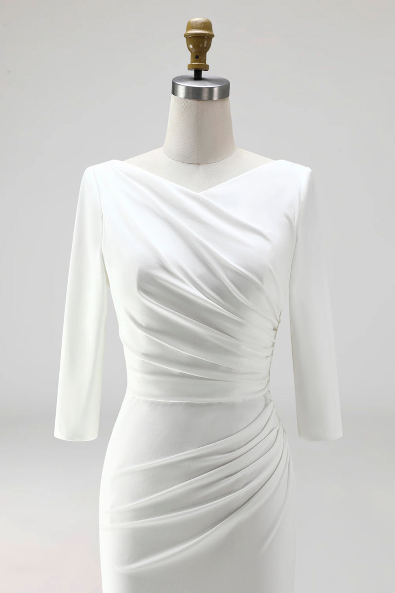 Load image into Gallery viewer, Simple Ivory Ruched Pencil Half Sleeves Midi Work Dress with Slit