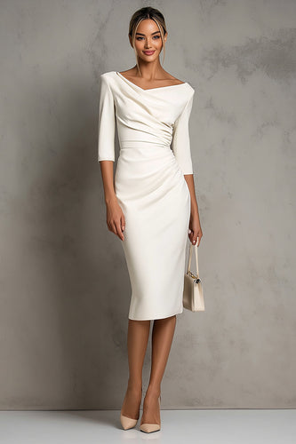 Simple Ivory Ruched Pencil Half Sleeves Midi Work Dress with Slit