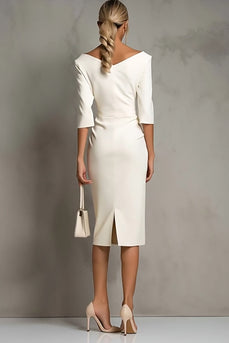 Simple Ivory Ruched Pencil Half Sleeves Midi Work Dress with Slit