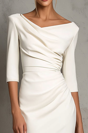 Simple Ivory Ruched Pencil Half Sleeves Midi Work Dress with Slit