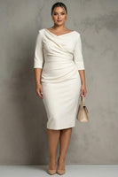 Load image into Gallery viewer, Plus Size Simple Ivory Pencil Ruched Half Sleeves Midi Work Dress with Slit