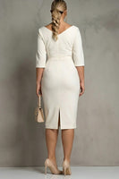 Load image into Gallery viewer, Plus Size Simple Ivory Pencil Ruched Half Sleeves Midi Work Dress with Slit