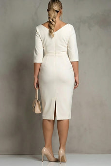 Plus Size Simple Ivory Pencil Ruched Half Sleeves Midi Work Dress with Slit