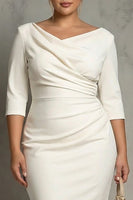 Load image into Gallery viewer, Plus Size Simple Ivory Pencil Ruched Half Sleeves Midi Work Dress with Slit