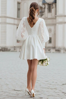 Ivory Satin V-Neck A Line Short Wedding Dress with Lace