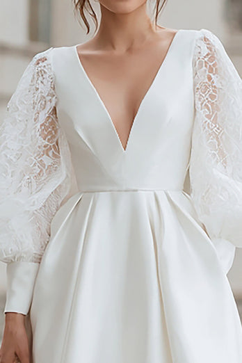 Ivory Satin V-Neck A Line Short Wedding Dress with Lace