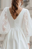 Load image into Gallery viewer, Ivory Satin V-Neck A Line Short Wedding Dress with Lace