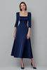 Load image into Gallery viewer, Elegant Navy A Line Satin Square Neck Long Sleeves Work Dress