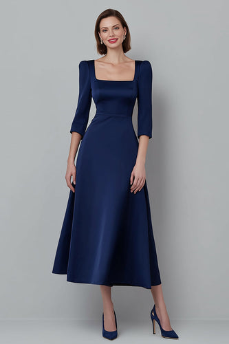Elegant Navy A Line Satin Square Neck Long Sleeves Work Dress