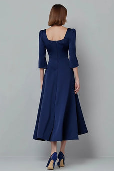 Elegant Navy A Line Satin Square Neck Long Sleeves Work Dress