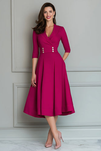 Fuchsia Satin V-Neck A Line Midi Work Dress with Pockets
