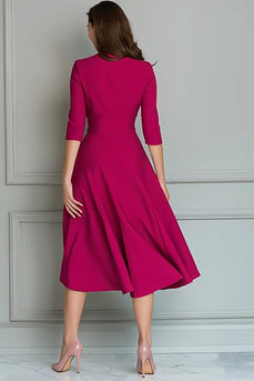 Fuchsia Satin V-Neck A Line Midi Work Dress with Pockets