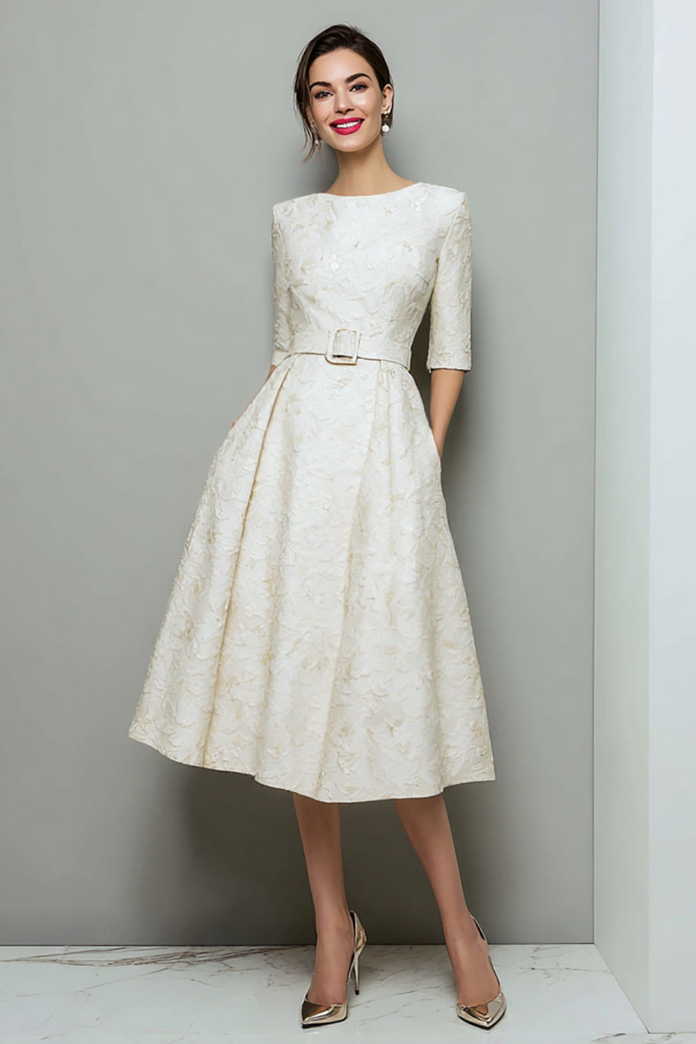Ivory A Line Jacquard Half Sleeves Midi Work Dress with Pockets