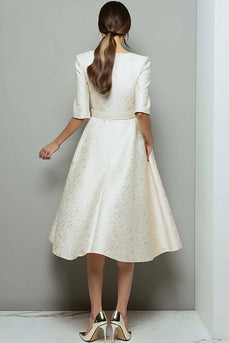 Ivory A Line Jacquard Half Sleeves Midi Work Dress with Pockets