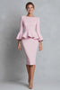 Load image into Gallery viewer, Pink Pencil Crepe Boat Neck Ruffled Midi Work Dress with Sleeves