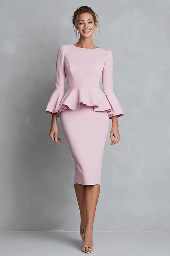Pink Pencil Crepe Boat Neck Ruffled Midi Work Dress with Sleeves