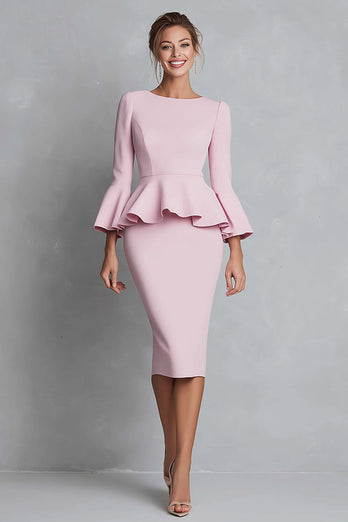 Pink Pencil Crepe Boat Neck Ruffled Midi Work Dress with Sleeves