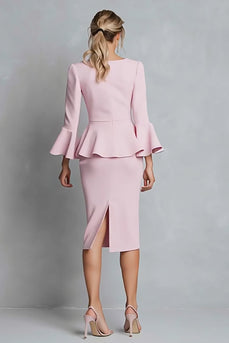 Pink Pencil Crepe Boat Neck Ruffled Midi Work Dress with Sleeves