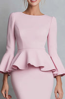 Load image into Gallery viewer, Pink Pencil Crepe Ruffled Boat Neck Midi Work Dress with Sleeves