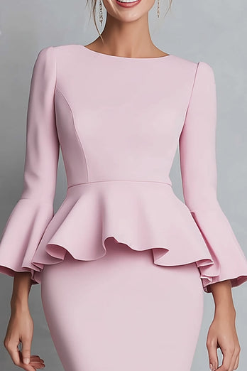 Pink Pencil Crepe Boat Neck Ruffled Midi Work Dress with Sleeves