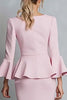 Load image into Gallery viewer, Pink Pencil Crepe Boat Neck Ruffled Midi Work Dress with Sleeves
