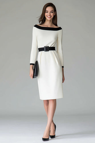 Black and White Pencil Off The Shoulder Midi Work Dress with Belts