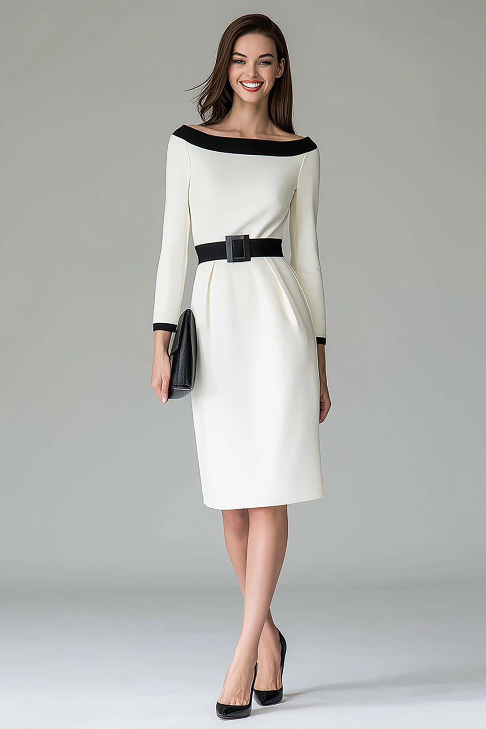 Black and White Pencil Off The Shoulder Midi Work Dress with Belts