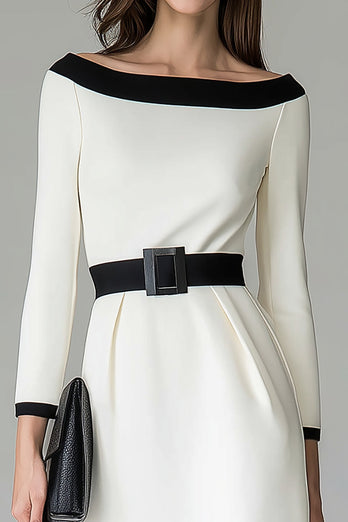 Black and White Pencil Off The Shoulder Midi Work Dress with Belts