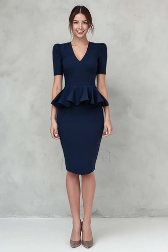 Navy Crepe Pencil V-Neck Ruffled Midi Work Dress with Sleeves
