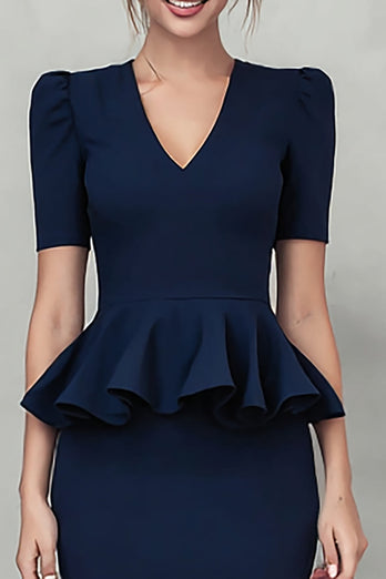 Navy Crepe Pencil V-Neck Ruffled Midi Work Dress with Sleeves