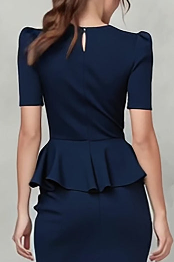 Navy Crepe Pencil V-Neck Ruffled Midi Work Dress with Sleeves