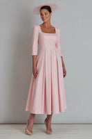 Load image into Gallery viewer, Pink Square Neck Satin A Line Long Work Dress with Sleeves