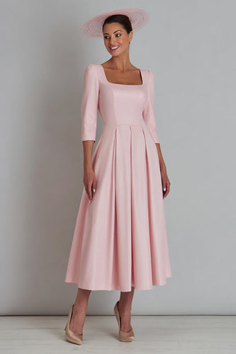 Pink Square Neck Satin A Line Long Work Dress with Sleeves