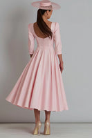 Load image into Gallery viewer, Pink Square Neck Satin A Line Long Work Dress with Sleeves