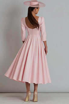 Pink Square Neck Satin A Line Long Work Dress with Sleeves