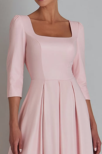 Pink Square Neck Satin A Line Long Work Dress with Sleeves