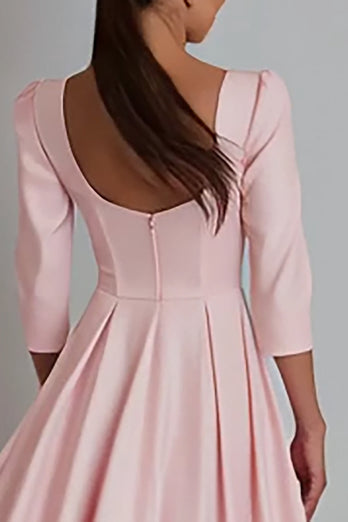 Pink Square Neck Satin A Line Long Work Dress with Sleeves