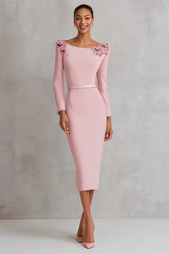Floral Pink Pencil Boat Neck Long Sleeves Midi Work Dress with Slit