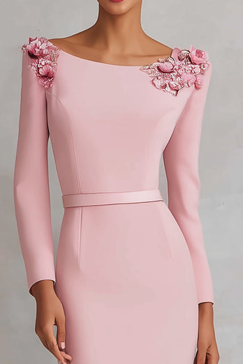 Floral Pink Pencil Boat Neck Long Sleeves Midi Work Dress with Slit