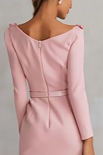 Floral Pink Pencil Boat Neck Long Sleeves Midi Work Dress with Slit