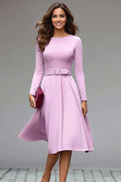 Load image into Gallery viewer, Simple Lilac A Line Crepe Round Neck Midi Work Dress with Belts