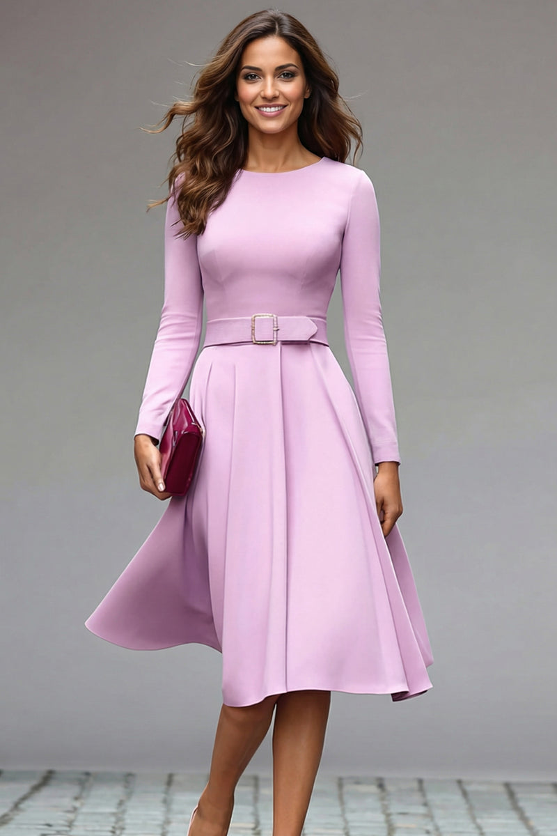 Load image into Gallery viewer, Simple Lilac A Line Crepe Round Neck Midi Work Dress with Belts