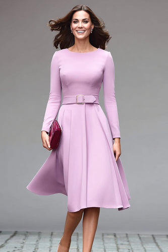 Simple Lilac A Line Crepe Round Neck Midi Work Dress with Belts