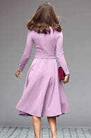 Load image into Gallery viewer, Simple Lilac A Line Crepe Round Neck Midi Work Dress with Belts