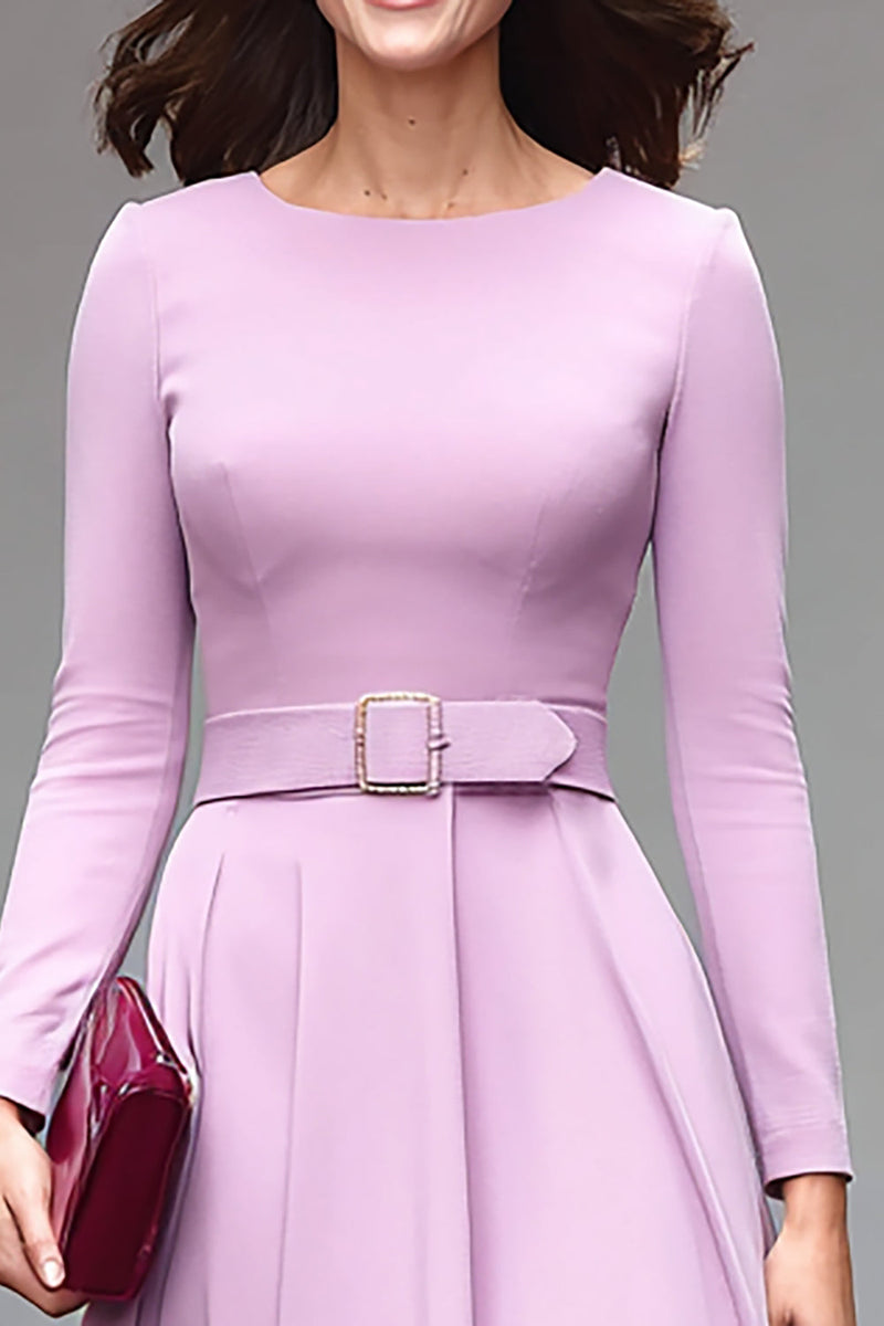 Load image into Gallery viewer, Simple Lilac A Line Crepe Round Neck Midi Work Dress with Belts