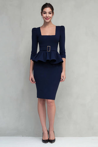 Navy Square Neck Pencil Ruffled Midi Work Dress with Belts