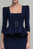 Load image into Gallery viewer, Navy Square Neck Pencil Ruffled Midi Work Dress with Belts